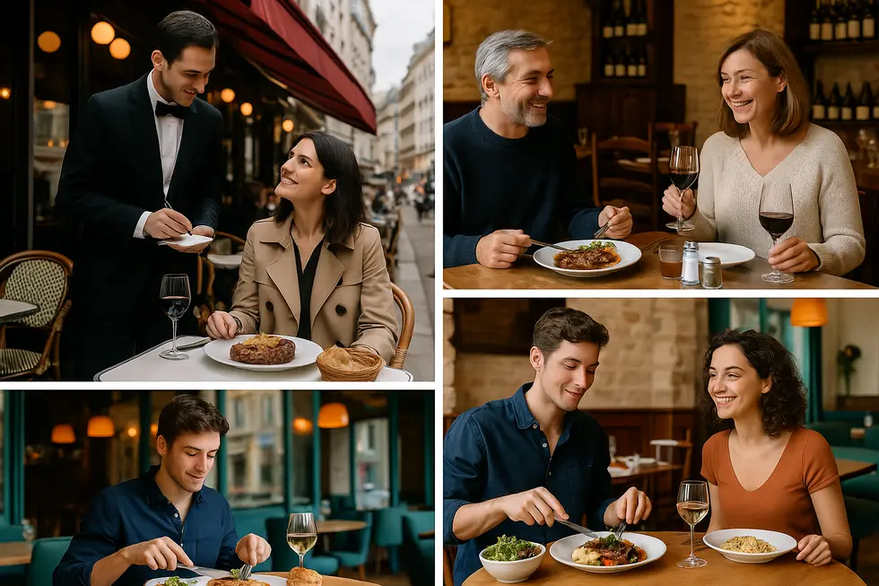 Collage showcasing bistros and affordable luxury dining in France with scenes from Paris, Burgundy, and Nice.