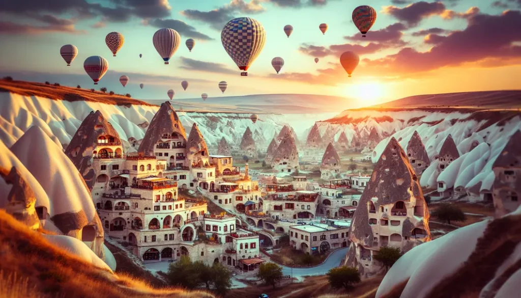 View of Cappadocia's landscape with cave hotels and hot air balloons at sunrise.