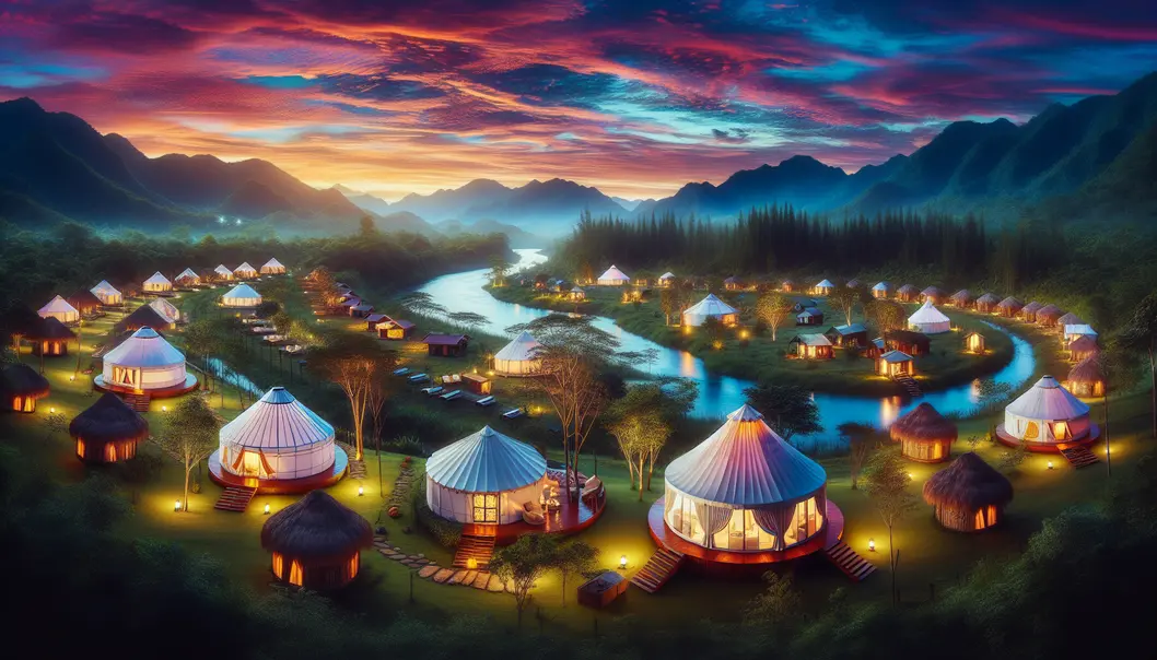 Various glamping setups amidst nature at twilight.