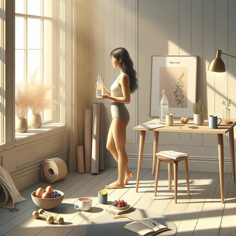 A calm, minimal morning routine featuring sunlight, hydration, protein, and movement as core daily essentials.