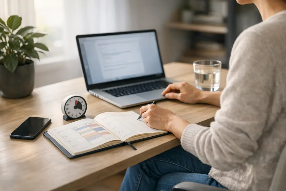 Sunlit desk with laptop, planner, face-down smartphone, and timer arranged to create a focused, distraction-free workspace.