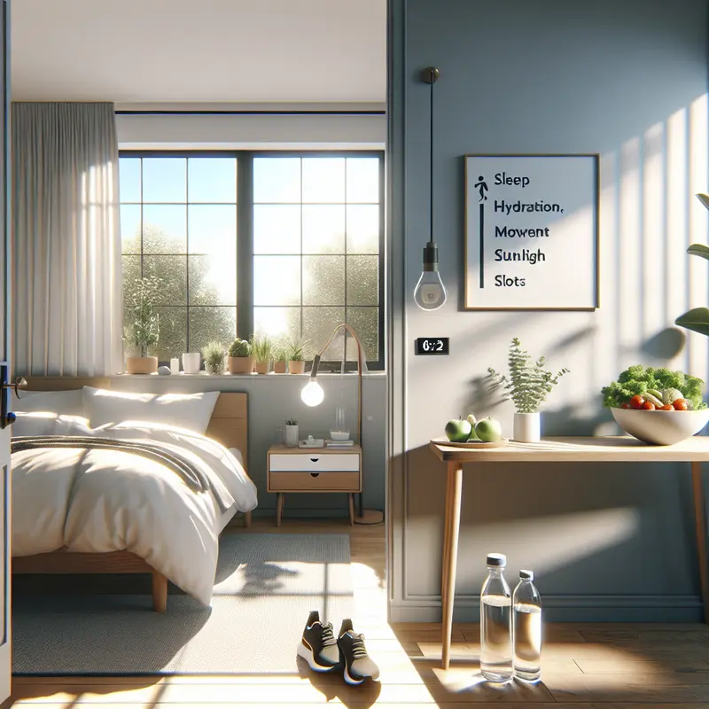 A calm, sunlit space with water, a made bed, and running shoes ready—visual shorthand for daily non-negotiable essentials.