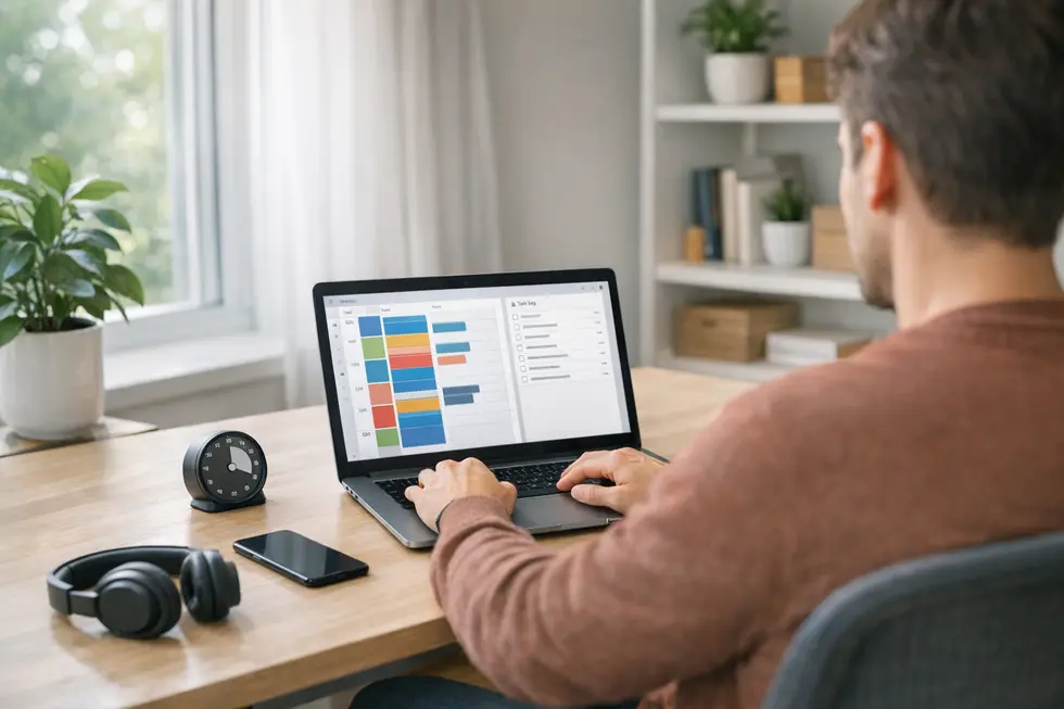 Person working at a bright, organized home office desk with time-blocked calendar, timer, and minimal distractions.