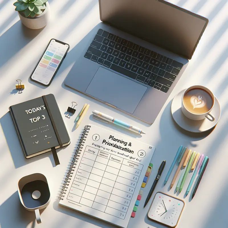 A focused workspace with a daily planner and top-three task list to set up a smooth, productive flow.