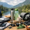 A collage of ergonomic gadgets, reusable bottles, and exercise gear against a nature backdrop.