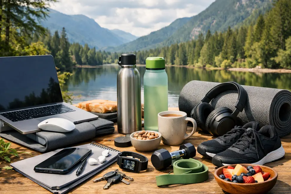 A collage of ergonomic gadgets, reusable bottles, and exercise gear against a nature backdrop.