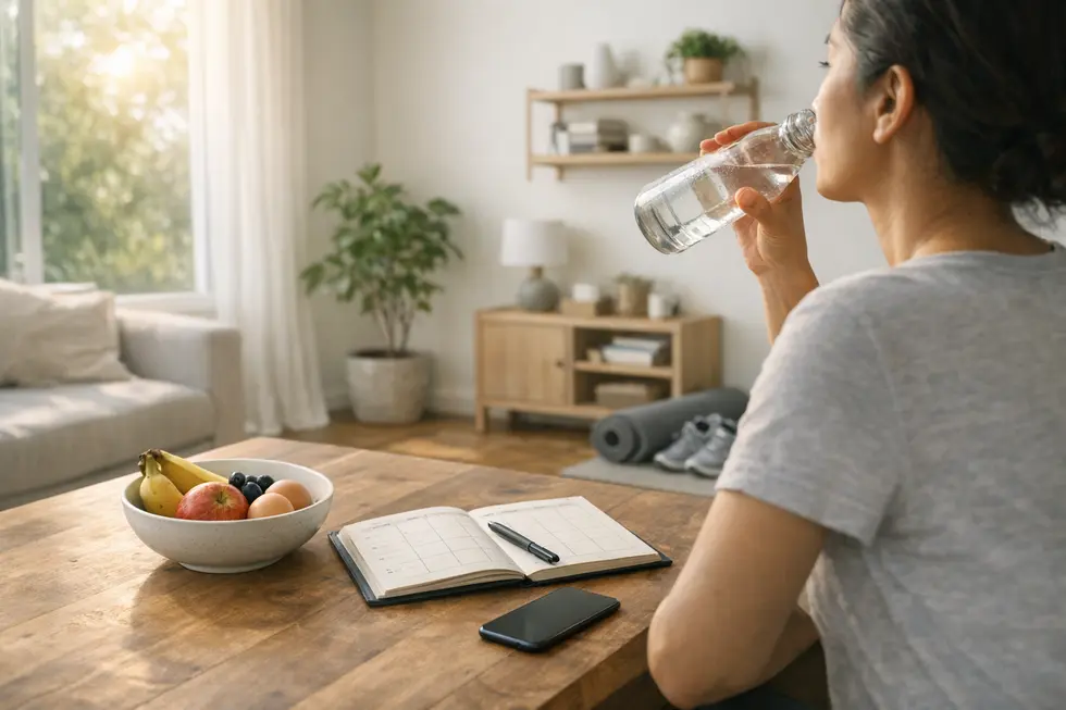 Person at a sunlit table drinking water beside a simple breakfast, with a tidy, minimal living space and exercise mat in the background.