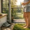 Person on a balcony in morning sunlight holding water, with a protein-rich breakfast and walking shoes visible inside.