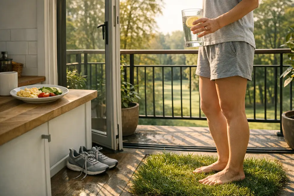 Person on a balcony in morning sunlight holding water, with a protein-rich breakfast and walking shoes visible inside.