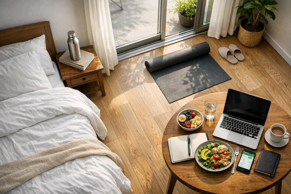 Top-down view of a minimalist apartment with a made bed, water bottle, yoga mat, whole-food meal, and laptop with a budgeting app.