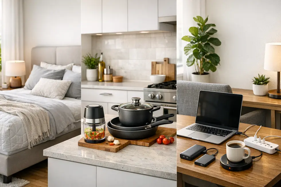 Open-plan home with a premium bed, efficient kitchen tools, and organised tech workspace representing upgraded everyday essentials.