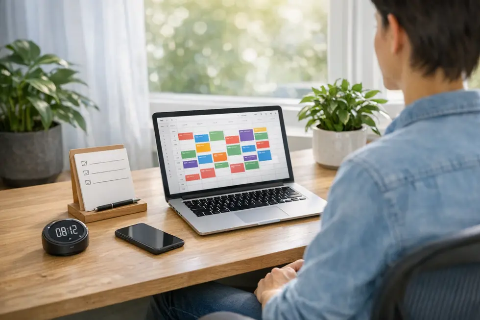 Person working at a tidy desk with a planner, timer, and time-blocked calendar on a laptop screen in natural light.