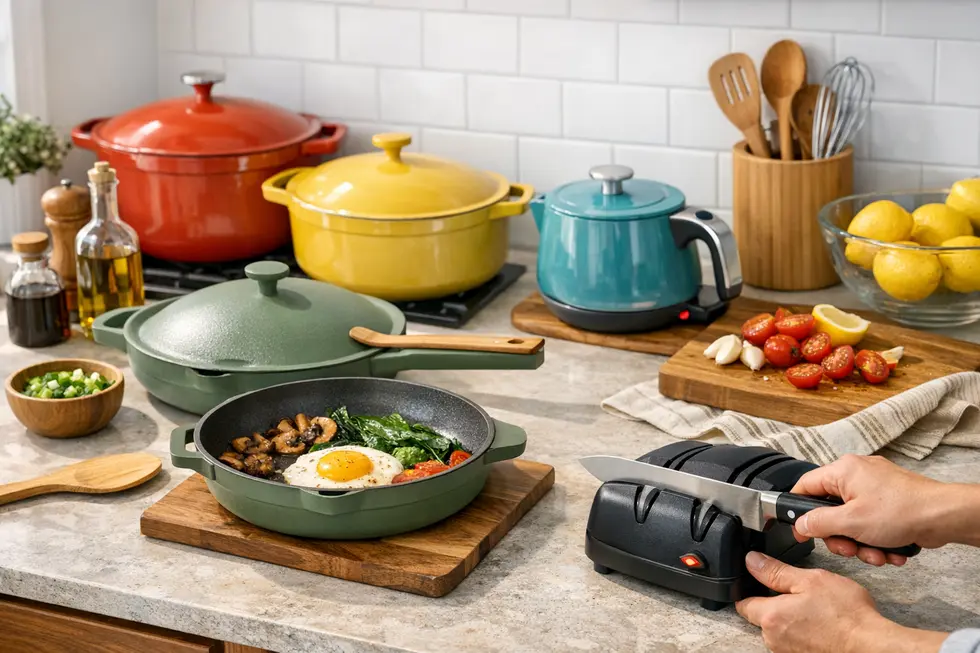 Modern kitchen essentials like the Always Pan and electric knife sharpener elevate everyday cooking.