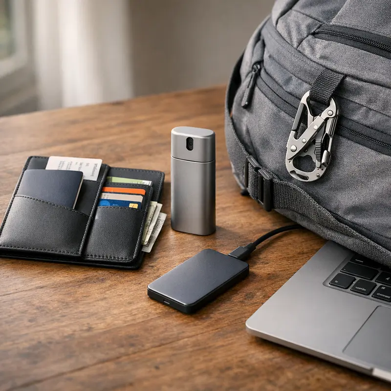 Curated portable hygiene and travel gear arranged for a streamlined, stress-free journey.