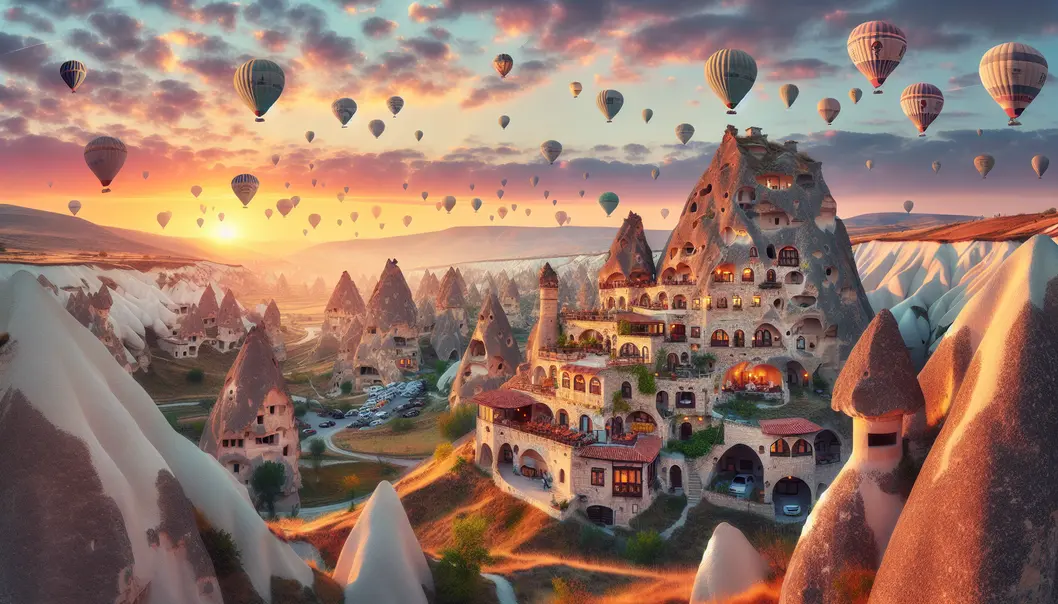 Cappadocia’s cave hotels provide a stunning view of unique rock formations and hot air balloons.