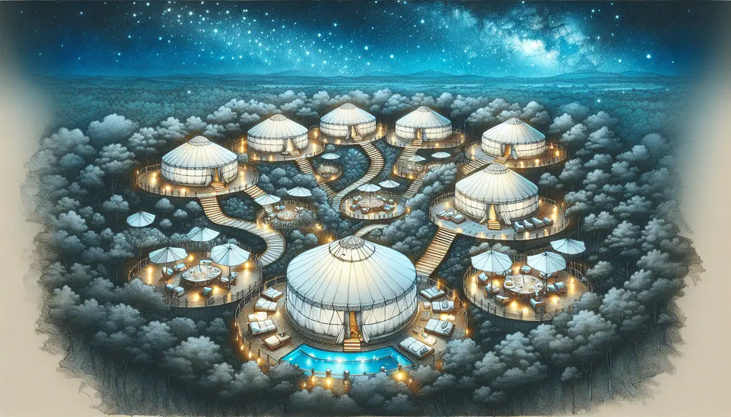 Stunning aerial view of luxury yurts at The Yurtopian Hill Country Resort.