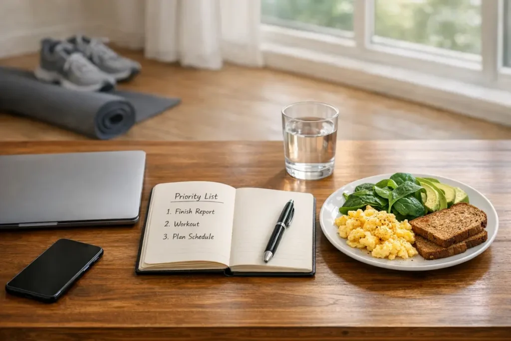 Organised morning workspace with notebook, water, healthy breakfast, and phone face down beside a window.