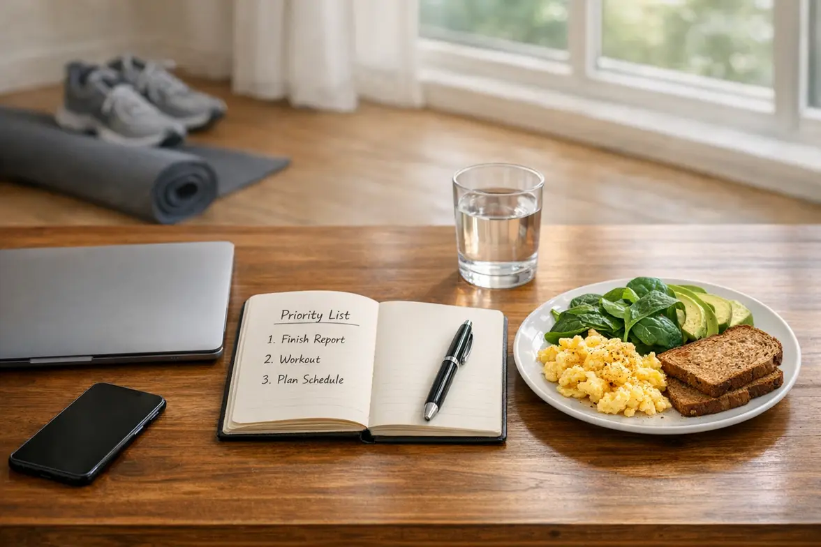 Organised morning workspace with notebook, water, healthy breakfast, and phone face down beside a window.
