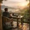 Digital nomad on a balcony overlooking a jungle landscape, planning how to build a digital nomad lifestyle step by step