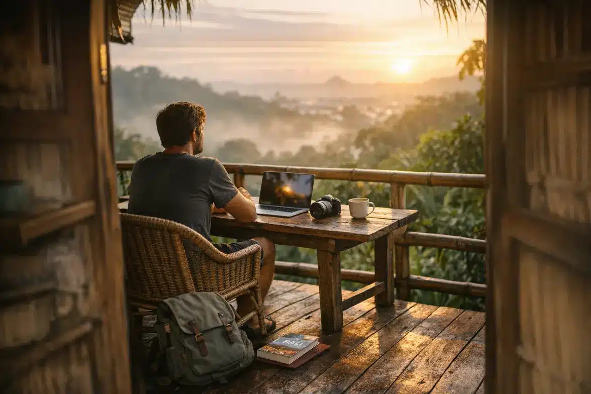 Digital nomad on a balcony overlooking a jungle landscape, planning how to build a digital nomad lifestyle step by step