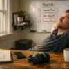 Entrepreneur in a home workspace reflecting on the day and consolidating high performance habits