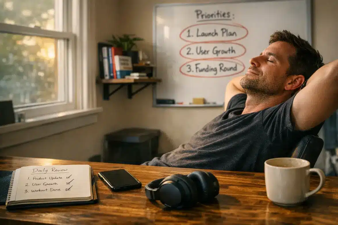 Entrepreneur in a home workspace reflecting on the day and consolidating high performance habits