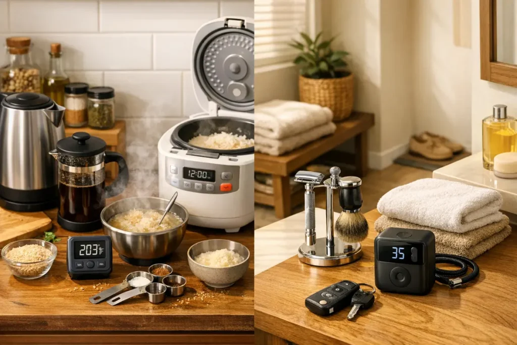 Split view of a modern kitchen and bathroom area featuring upgraded everyday essentials arranged neatly to suggest a smoother lifestyle.
