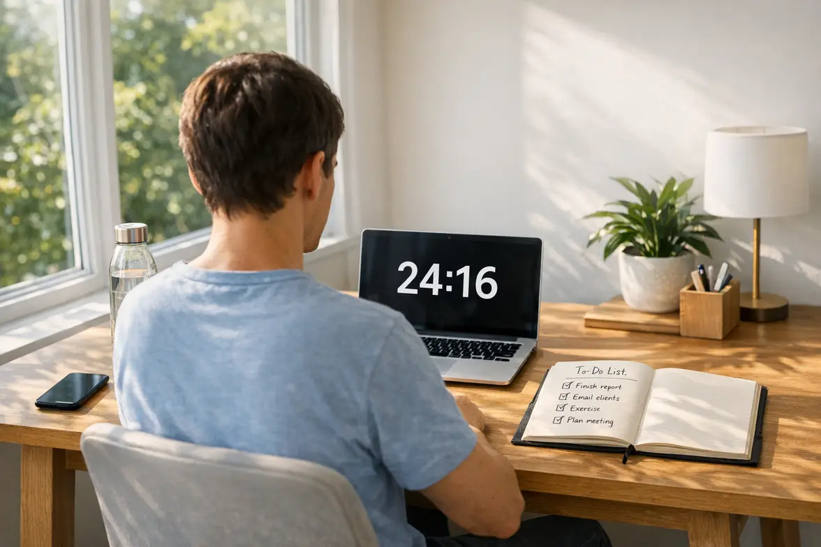 Focused person working at a bright, minimalist desk with water, a timer, and a prioritized task list in a sunlit room.