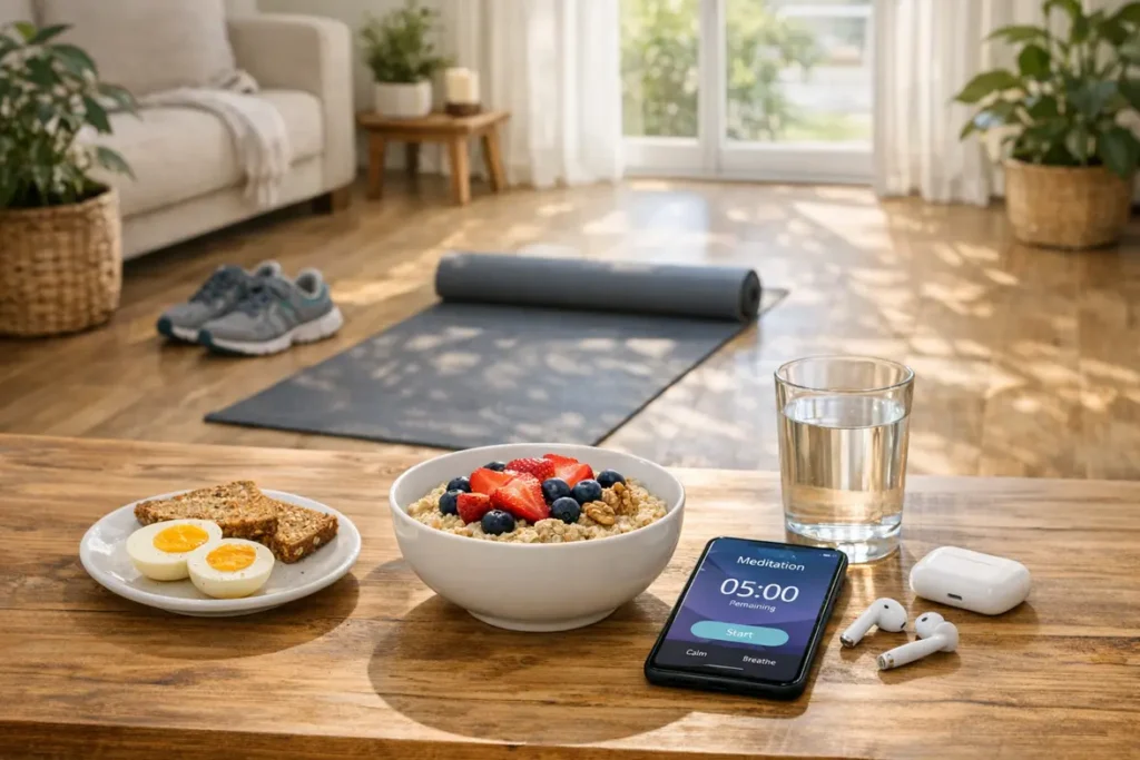 Bright modern living space with a balanced breakfast, a meditation timer on a phone, and a yoga mat with walking shoes, symbolising everyday lifestyle essentials.
