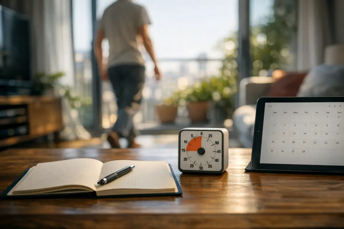 Minimal living room setup illustrating simple personal productivity systems that actually work with analog and digital tools
